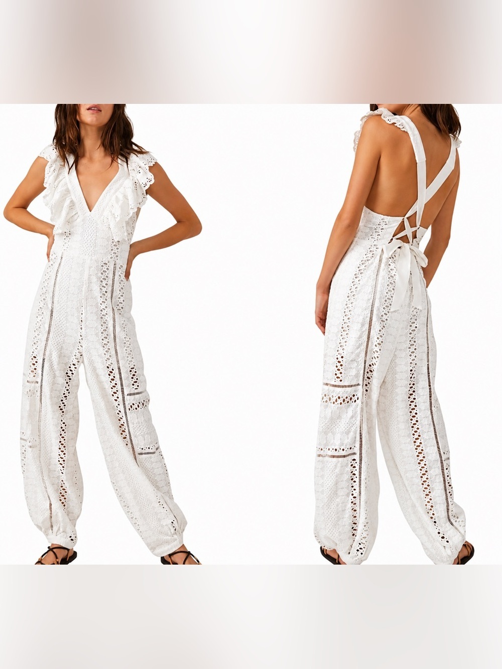 Free People Mikayla Jumpsuit Ivory Embroidered One Piece Open Back Boho Sz Small